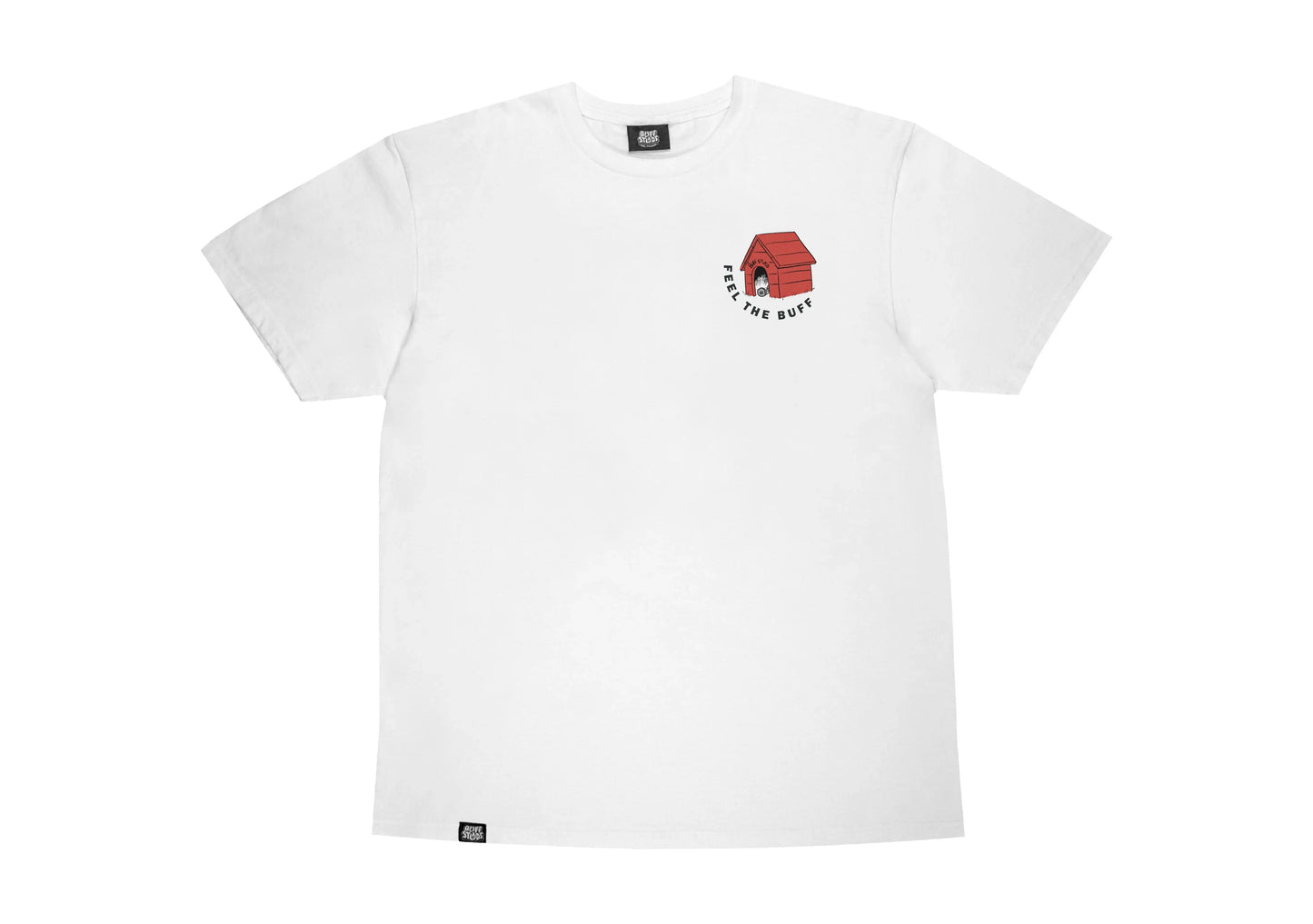 Flat lay of the Classic Graphic Buff Tee, featuring the front design with the dog house graphic.