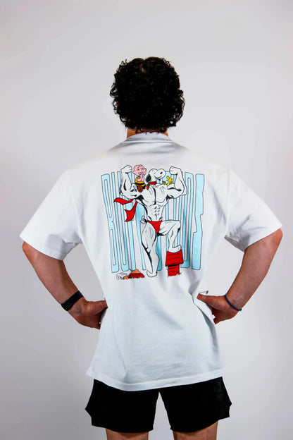 Back view of a model wearing the Premium Buff Cover, showcasing the unique Scoopy graphic design.