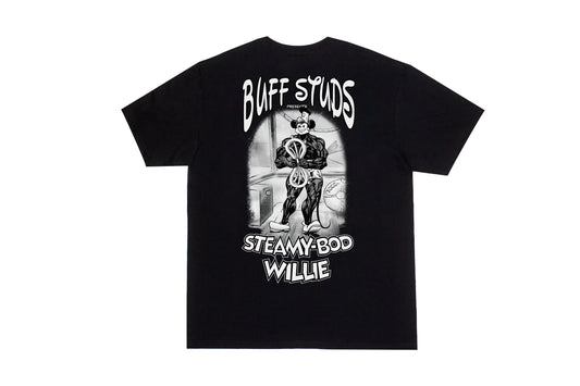Flat lay of the Classic Graphic Buff Tee, showing the back with the bold Steamy-Bod Willie graphic design.