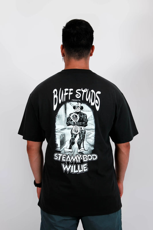 Back view of a model wearing the Premium Buff Cover, showcasing the unique Steamy-Bod Willie graphic design.