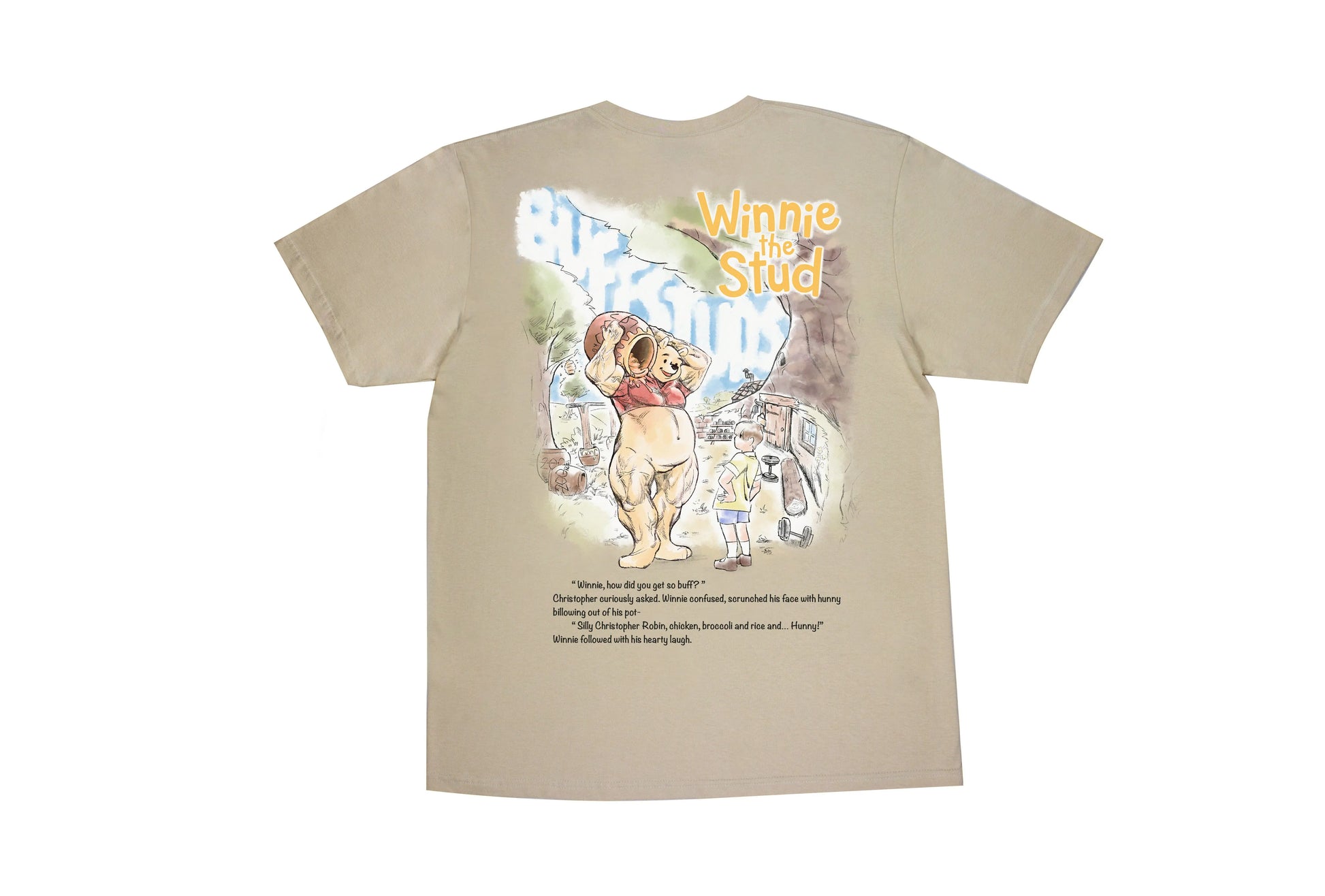 Flat lay of the Classic Graphic Buff Tee, showing the back with the bold Winnie the Stud graphic design.