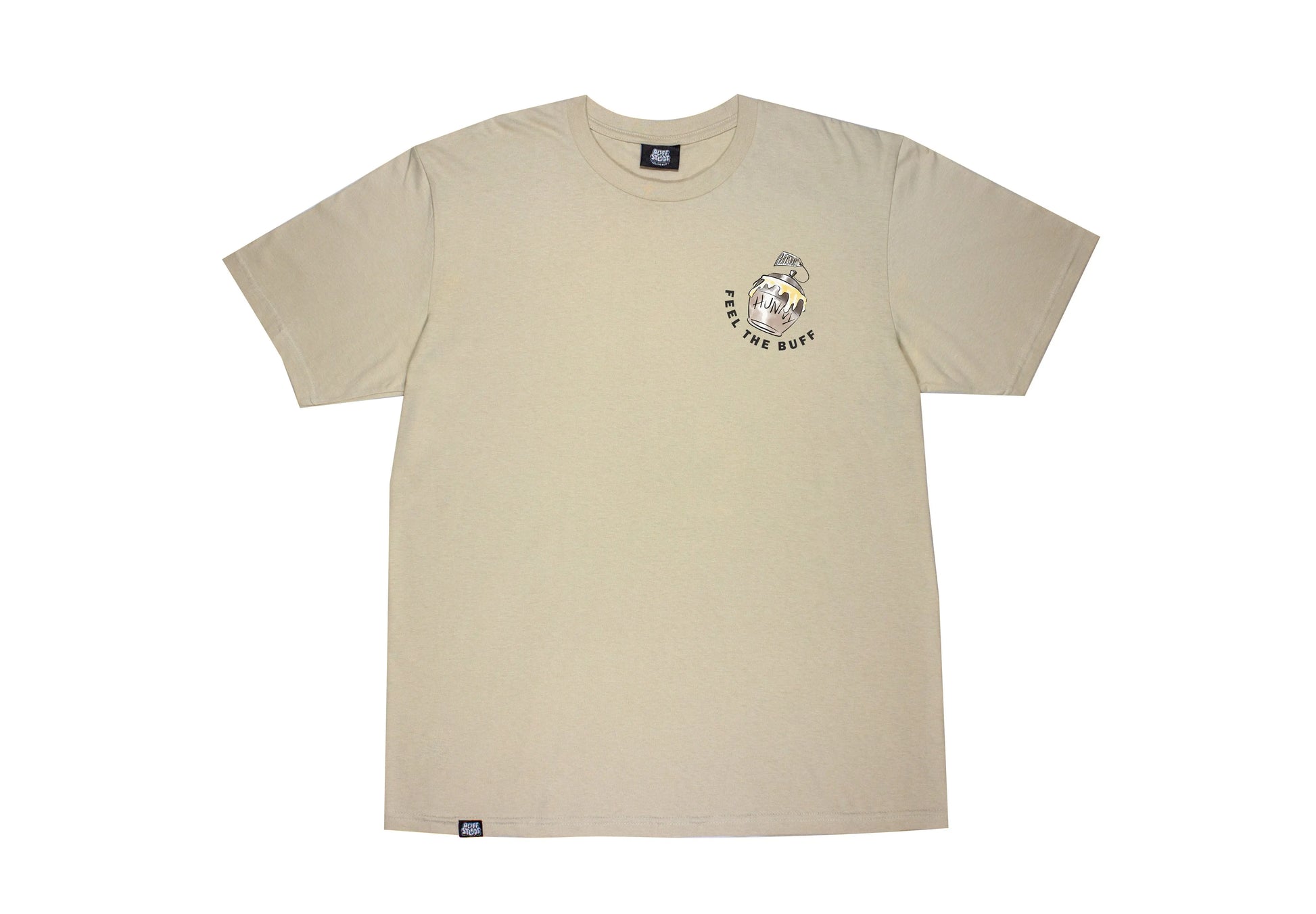 Flat lay of the Classic Graphic Buff Tee, featuring the front design with the pot of Hunny graphic.