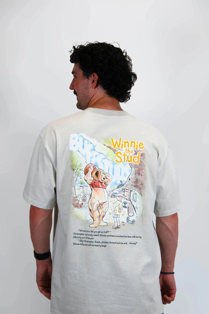 Back view of a model wearing the Premium Buff Cover, showcasing the unique Winnie the Stud graphic design.